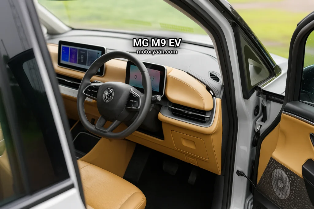 MG M9 EV steering wheel, infotainment system, dashboard, front seats