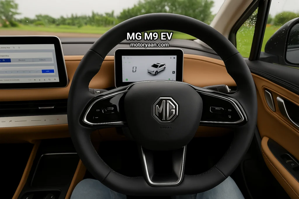MG M9 EV steering wheel close-up with mounted controls
