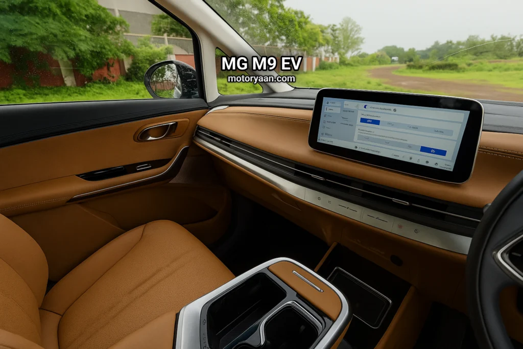 MG M9 EV infotainment system, AC controls, wireless charging pad