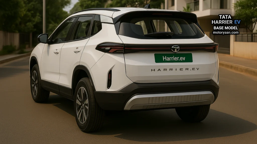 Rear and side profile of 2025 Tata Harrier EV base model with LED tail lamps and alloy wheels