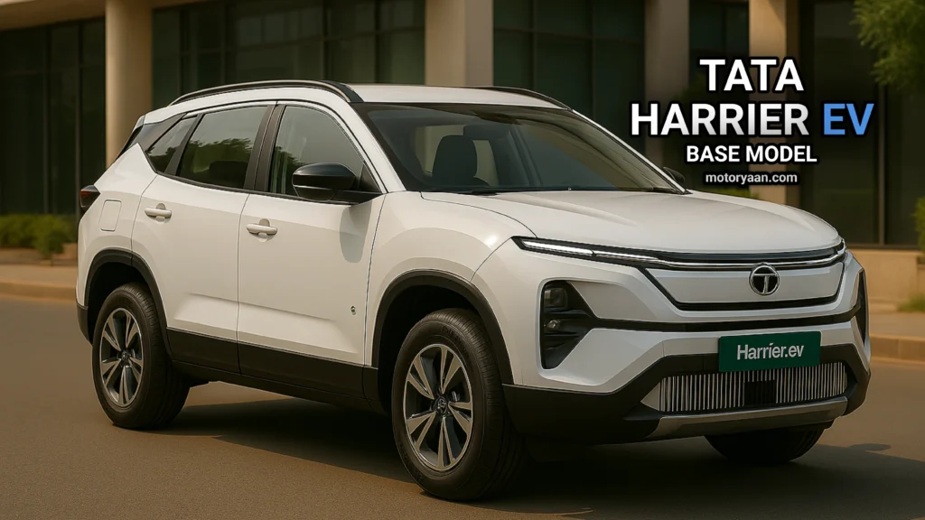 Tata Harrier EV base model front and side profile in Pristine White with LED lighting and EV-specific styling