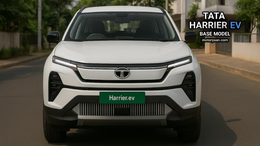Front view of Tata Harrier EV base model with projector LED headlamps and connected DRLs