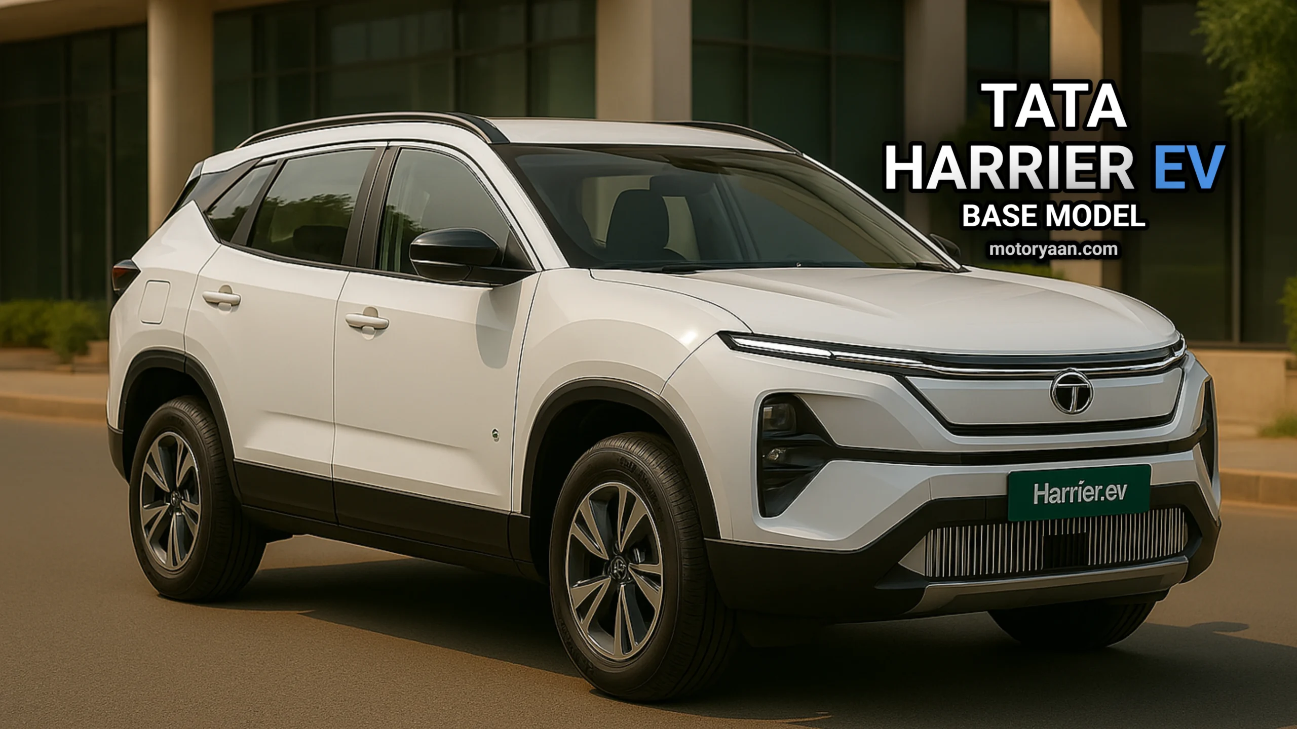 Tata Harrier EV base model front and side profile in Pristine White with LED lighting and EV-specific styling