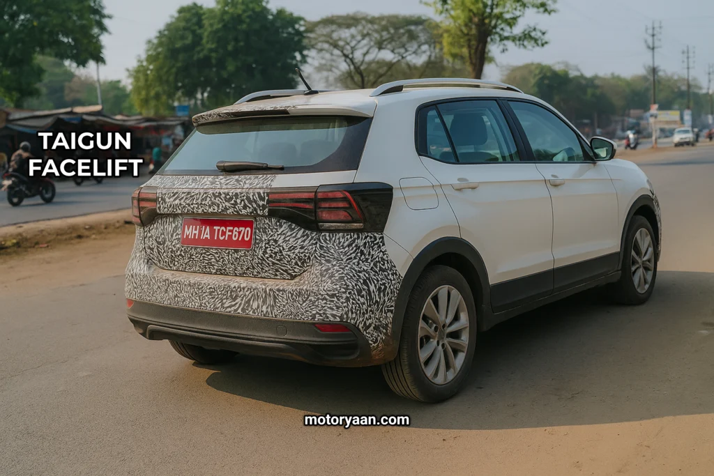 Volkswagen Taigun Facelift rear and side profile spy shot highlighting new LED tail-lamps and sculpted rear bumper