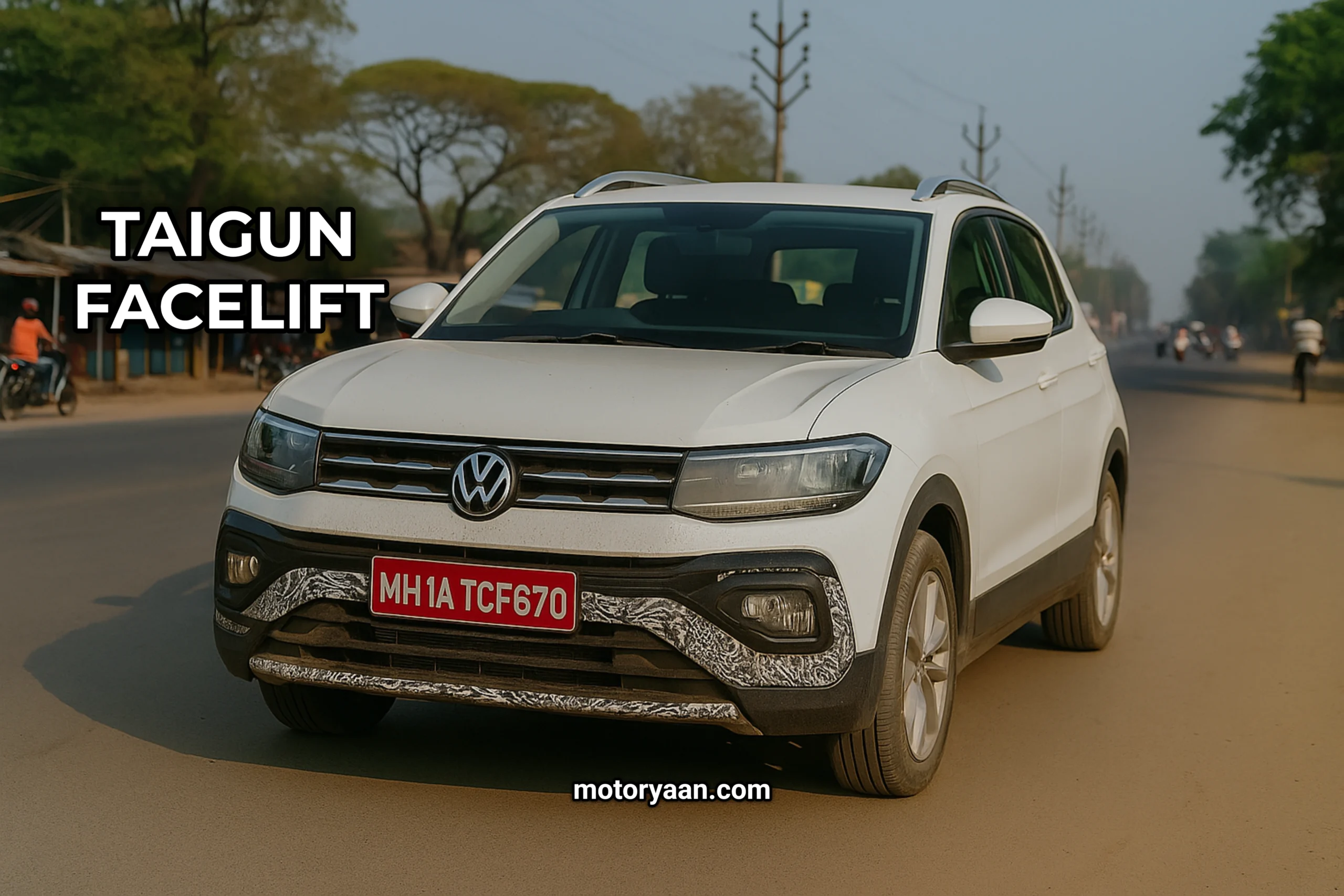 Volkswagen Taigun Facelift front and side profile spy shot with updated LED headlamps and new bumper design