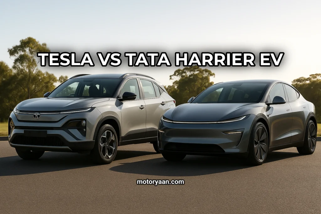 Tesla Model Y and Tata Harrier EV together in Tesla vs Tata Harrier EV comparison