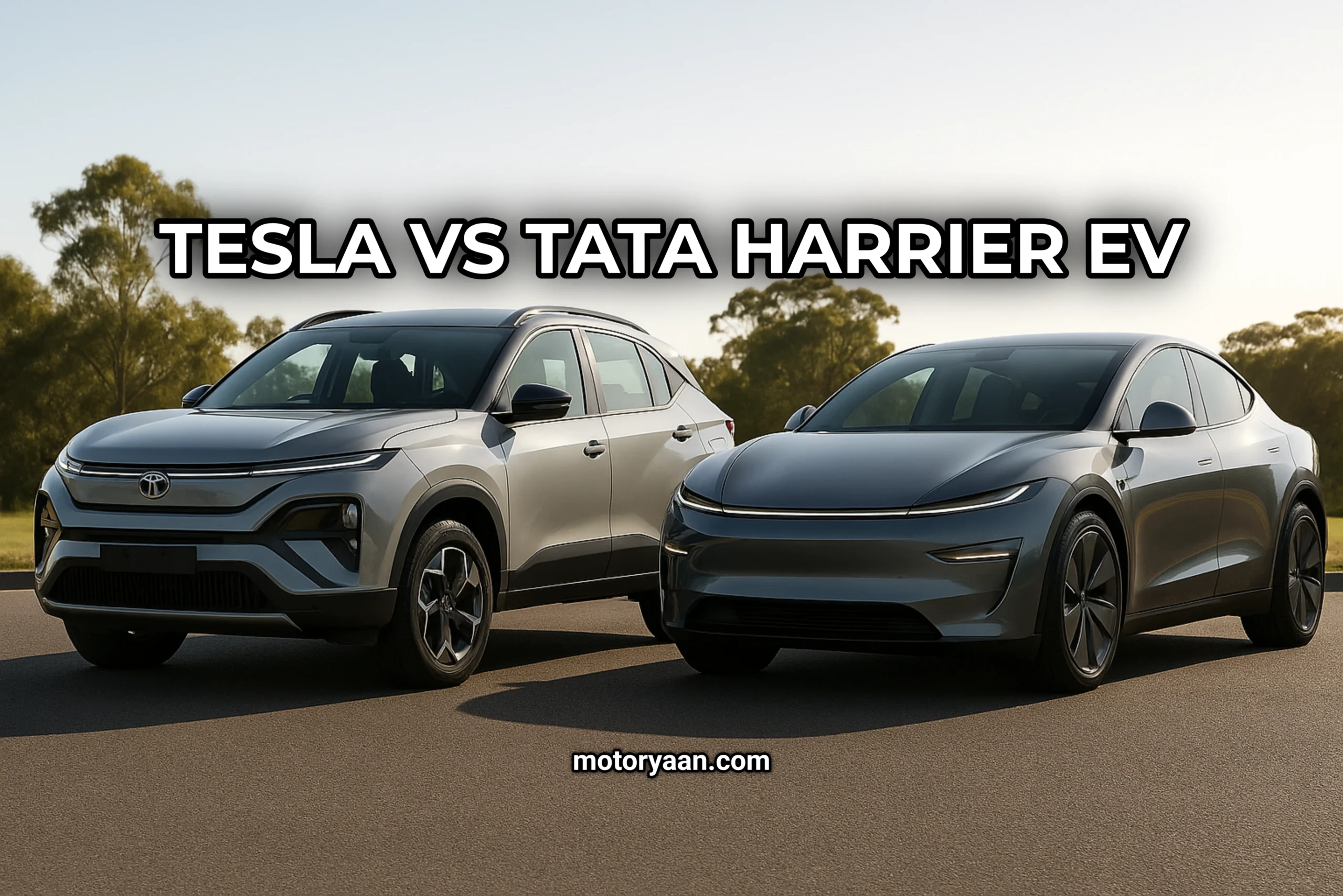 Tesla Model Y and Tata Harrier EV together in Tesla vs Tata Harrier EV comparison