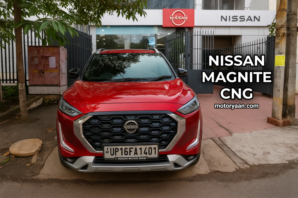 Front profile of Nissan Magnite CNG with bold grille and sleek design