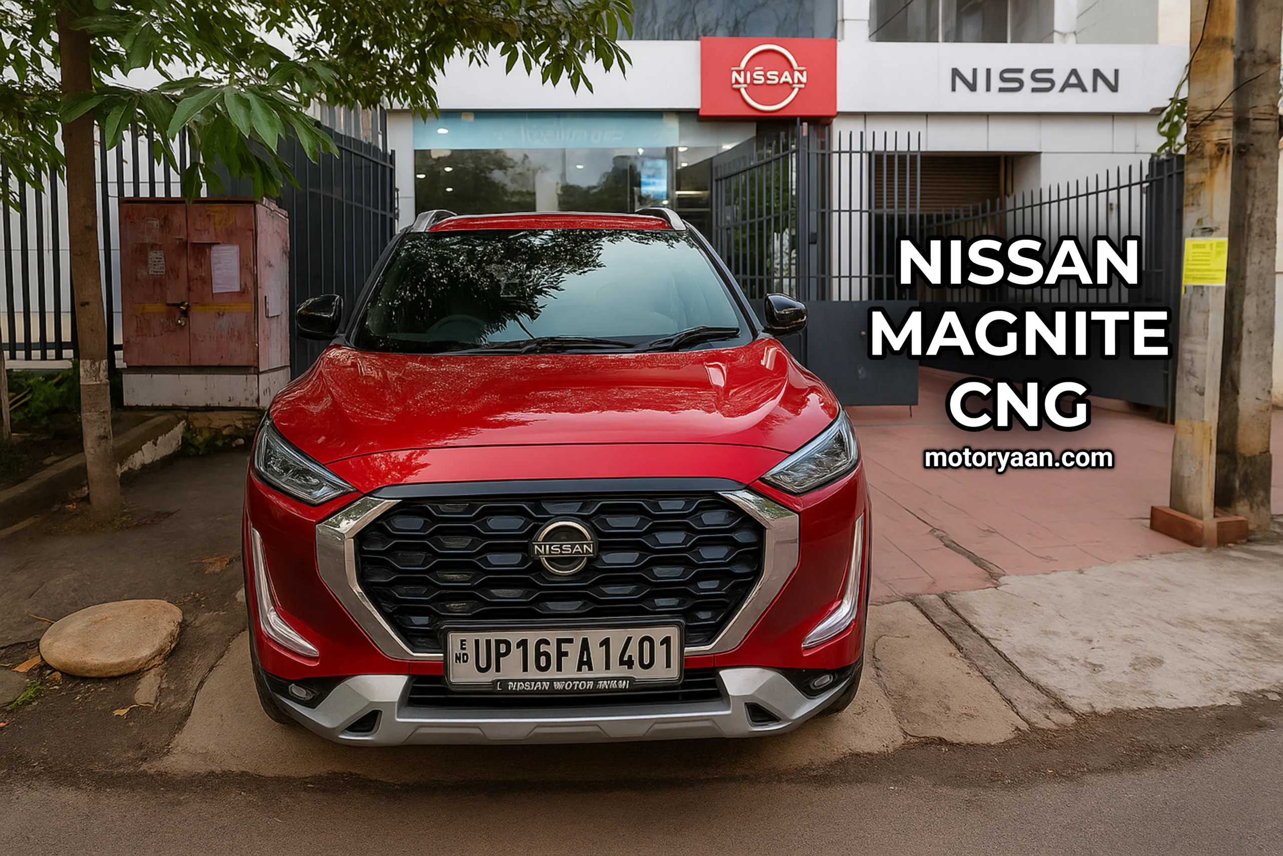 Front profile of Nissan Magnite CNG with bold grille and sleek design