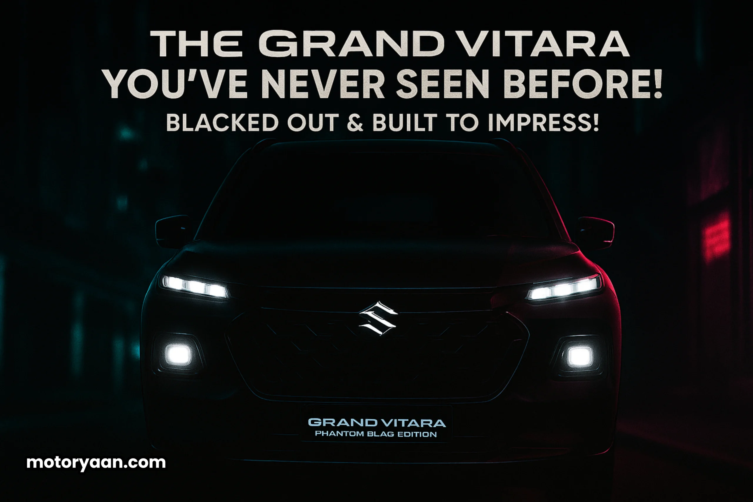 Grand Vitara Phantom Blaq Edition front profile with bold blacked-out grille and LED headlights.