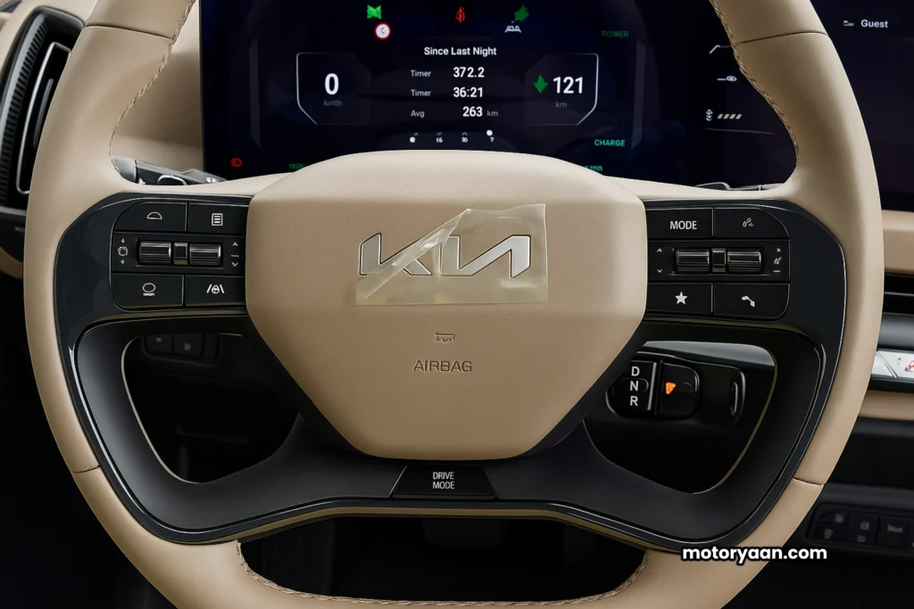 Kia EV5 Review – steering wheel with mounted controls and instrument cluster