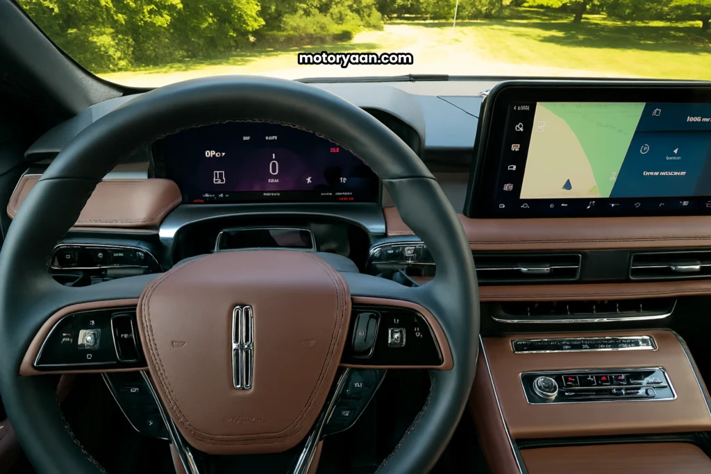 2025 Lincoln Aviator full front cabin view with steering wheel, infotainment system, and center console.