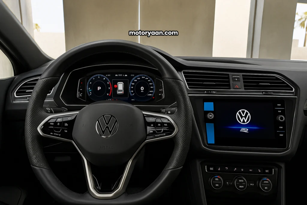 2025 Tiguan R-Line interior with steering wheel, instrument cluster, and infotainment system.