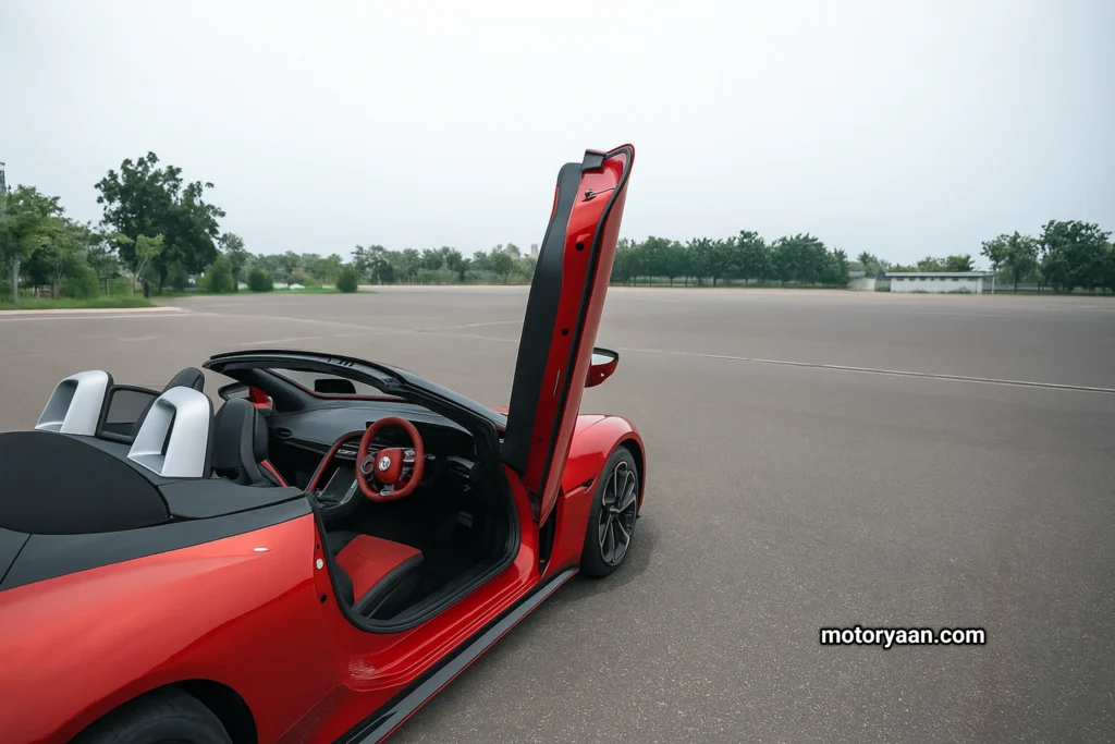 MG Cyberster with doors open showcasing luxurious interior and dashboard
