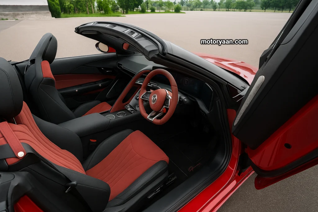 MG Cyberster complete interior top view with red seats and dashboard layout
