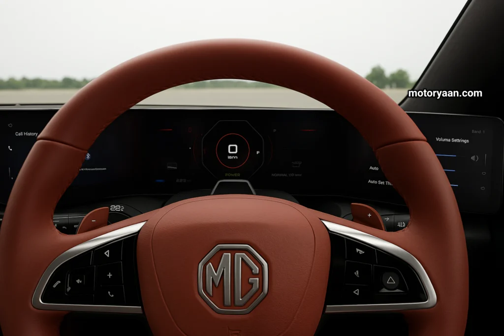 MG Cyberster steering wheel with mounted controls, digital cluster, and infotainment screen
