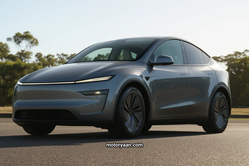 Tesla Model Y front and side profile view in Tesla vs Tata Harrier EV comparison