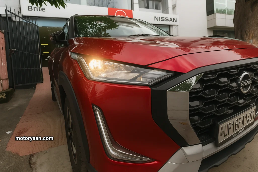 Close-up of Nissan Magnite CNG headlight design and DRLs