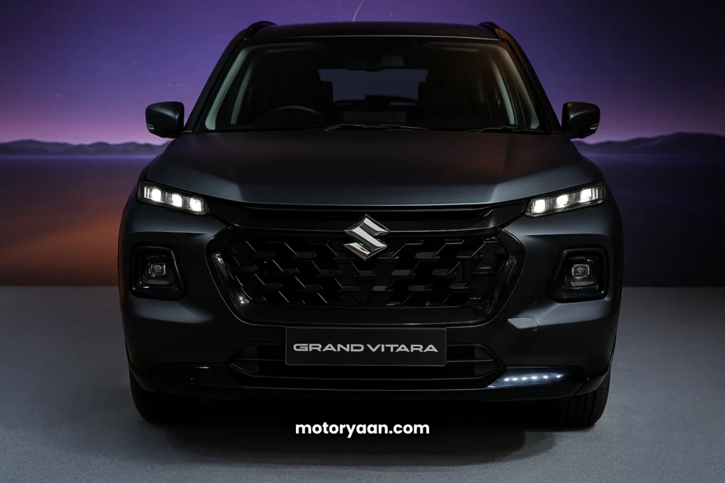 Grand Vitara Phantom Blaq Edition close-up front profile with blacked-out grille and LED DRLs.
