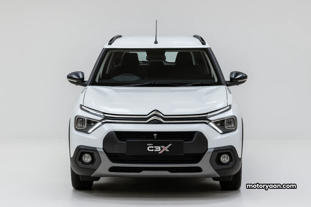 2025 Citroen C3X front profile with LED DRLs and signature grille