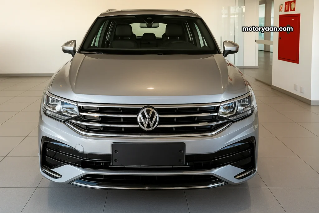 2025 Tiguan R-Line front profile with LED headlights and chrome grille.