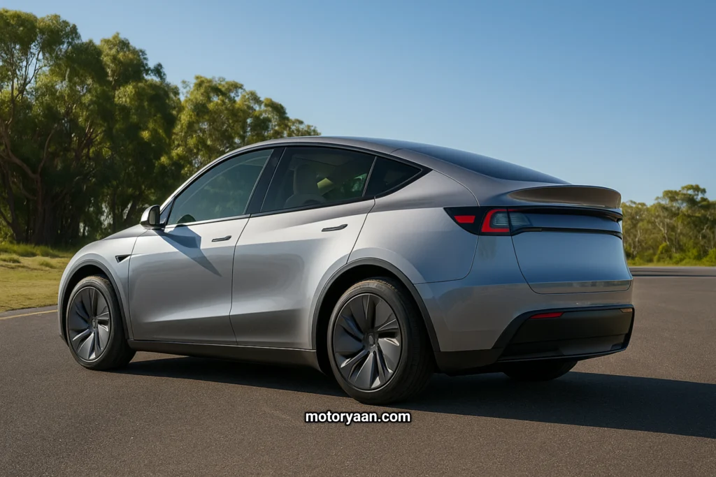 Tesla Model Y rear and side profile in Tesla vs Tata Harrier EV comparison