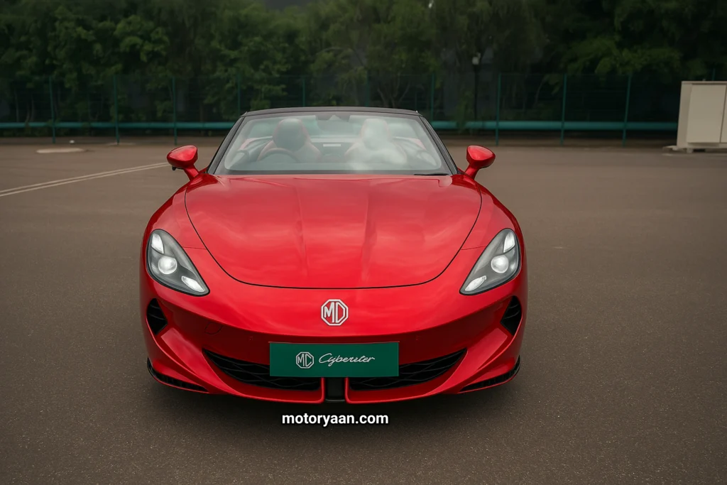MG Cyberster front view with LED headlamps and grille-less EV design
