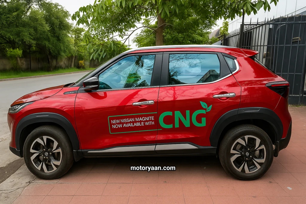 Side profile of Nissan Magnite CNG showing alloy wheels and body lines