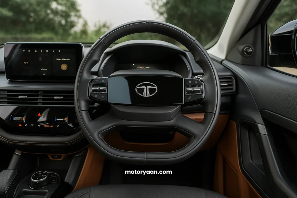 Tata Harrier Adventure X interior with steering-mounted controls, infotainment, and premium dashboard