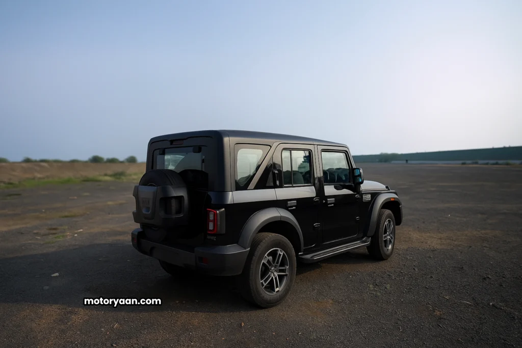 Mahindra Thar Roxx MX5 rear and side profile with spare wheel and LED tail lamps