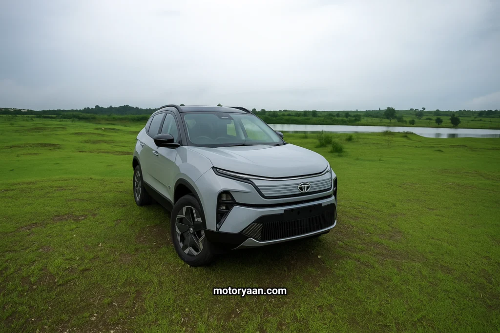 Tata Harrier EV front and side profile in Tesla vs Tata Harrier EV comparison