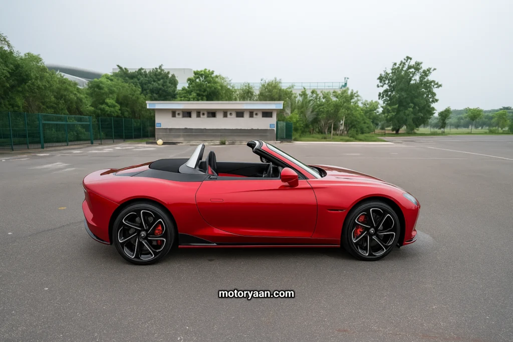 MG Cyberster side profile with sharp body lines and convertible roof