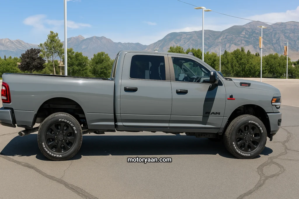 2025 Ram 2500 side profile with black alloy wheels and extended mirrors