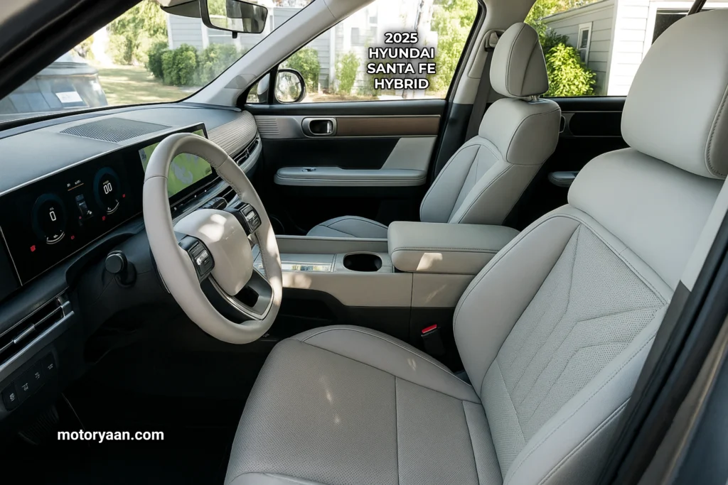 Front interior of 2025 Hyundai Santa Fe Hybrid with dashboard, front seats, steering wheel, and infotainment screen