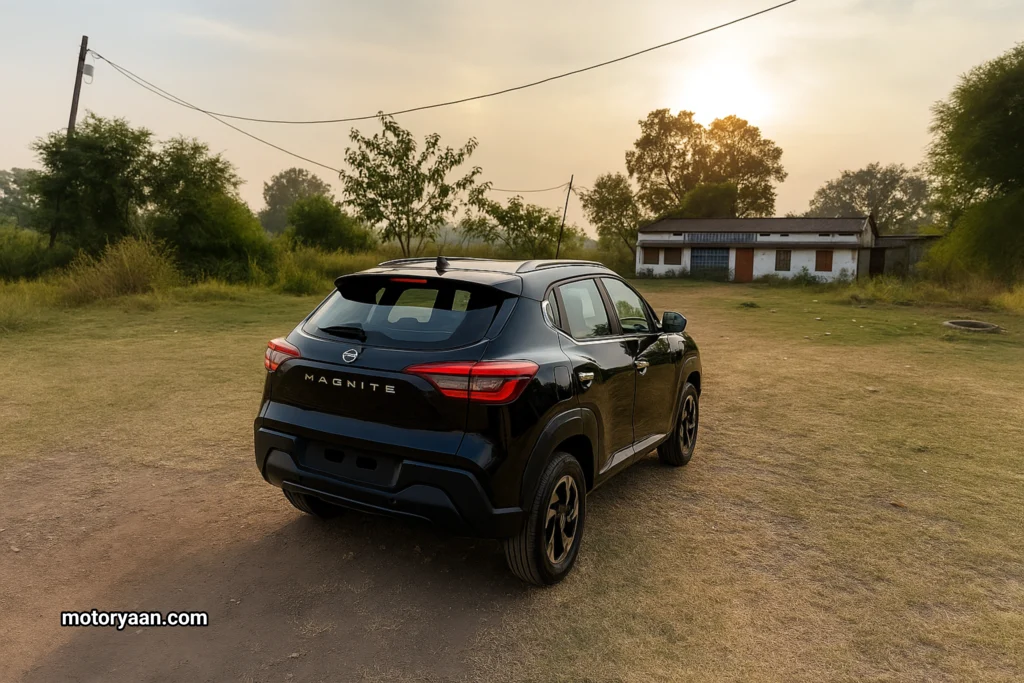 Nissan Magnite Kuro Edition Rear and Side View with Black Skid Plates