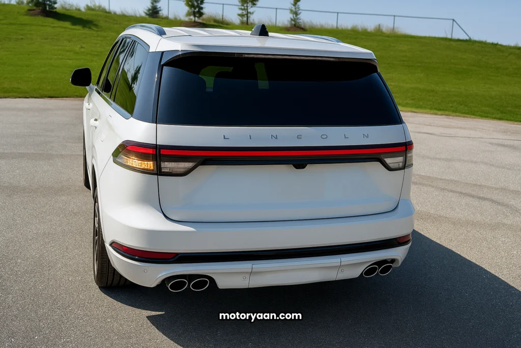 2025 Lincoln Aviator rear profile with LED tail lights and chrome badging.