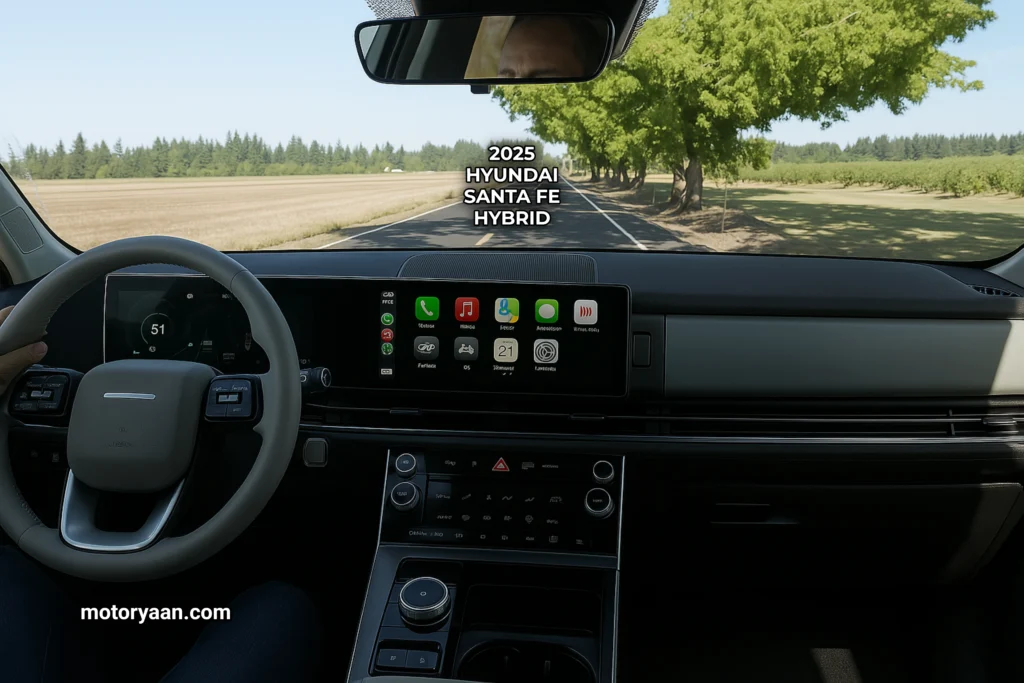 Full front interior of 2025 Hyundai Santa Fe Hybrid with instrument cluster and panoramic screen