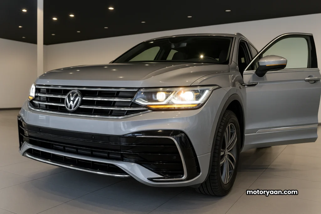 2025 Tiguan R-Line close-up front profile with grille and headlights.