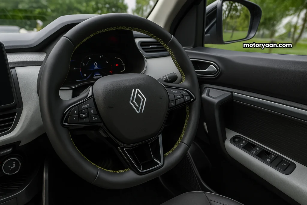 2025 Renault Kiger steering wheel with mounted controls and digital instrument cluster