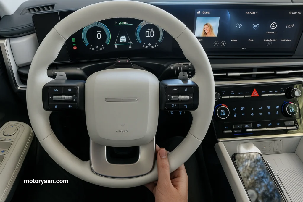 Steering-mounted controls, infotainment system, and digital cluster of 2025 Hyundai Santa Fe Hybrid