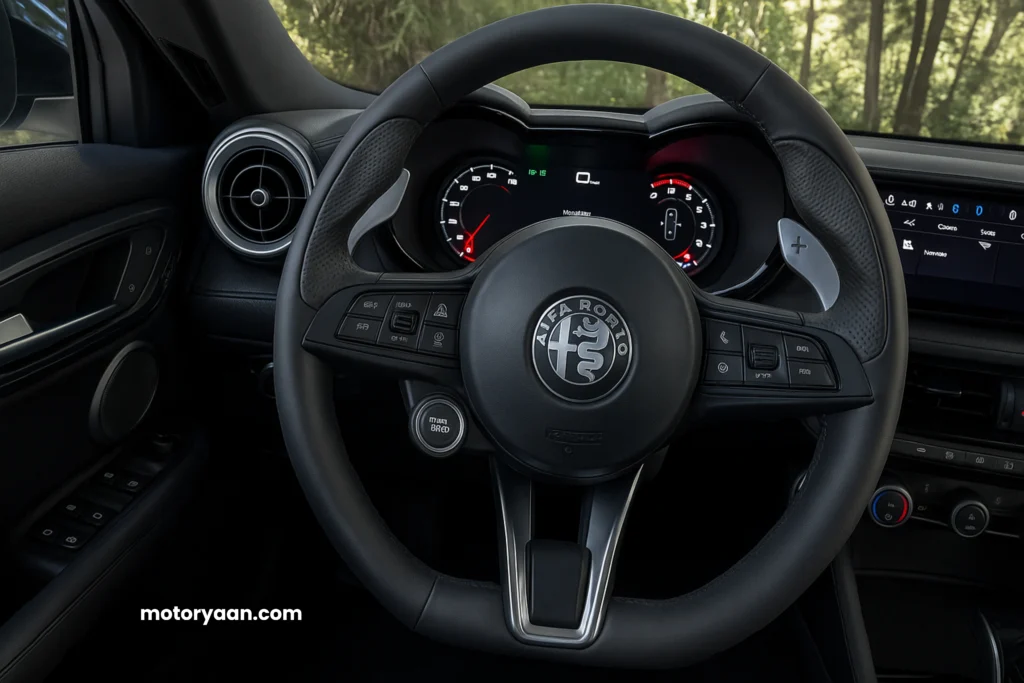2025 Alfa Romeo Tonale steering wheel with mounted controls and digital cluster