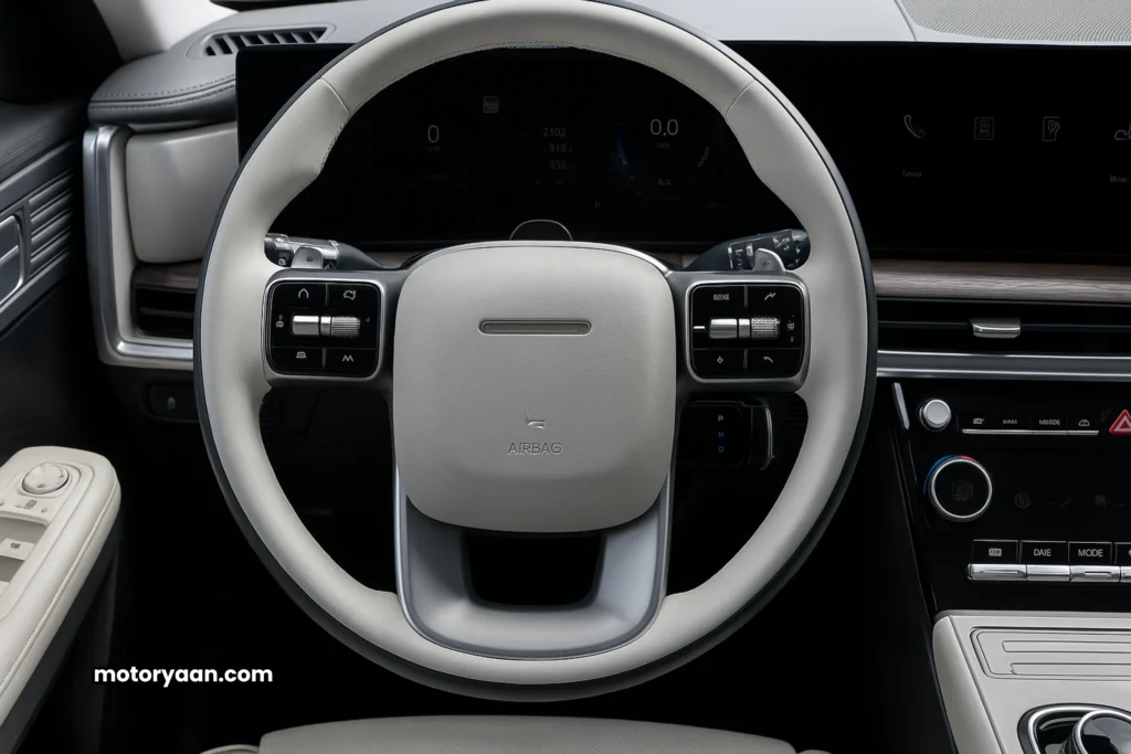 2025 Hyundai Santa Fe Hybrid interior with steering wheel, infotainment, and console