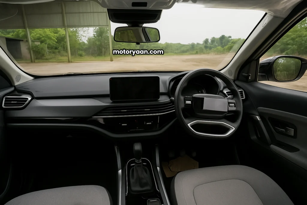 Tata Harrier Pure X variant interior dashboard infotainment steering controls and front seats