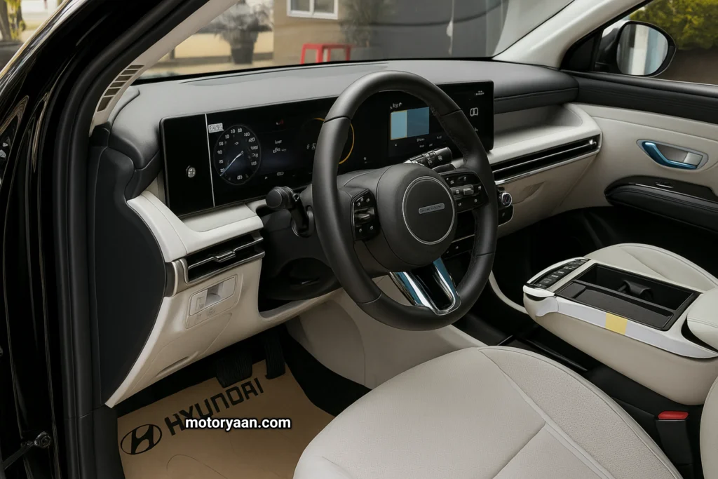 Front interior side of 2026 Hyundai Tucson India Launch with wide touchscreen and AI integration