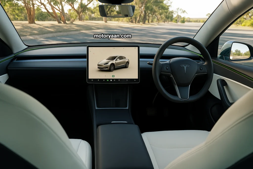 Tesla Model Y interior dashboard in Tesla vs Tata Harrier EV comparison