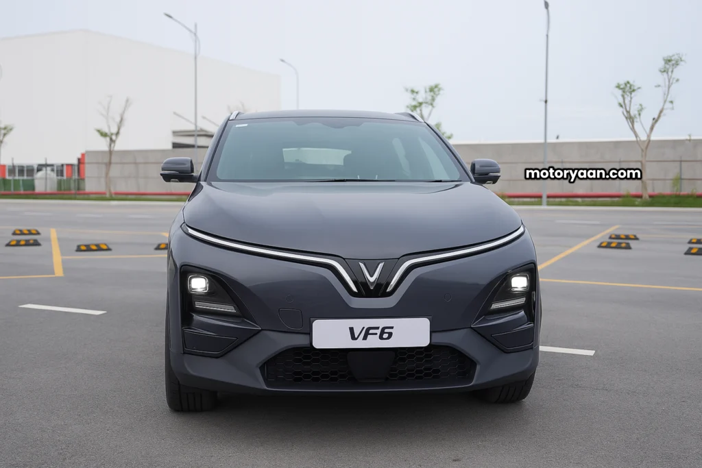 VinFast electric SUV front profile with bold grille and LED lights