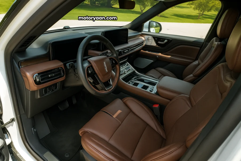 2025 Lincoln Aviator dashboard and front seats with leather upholstery.