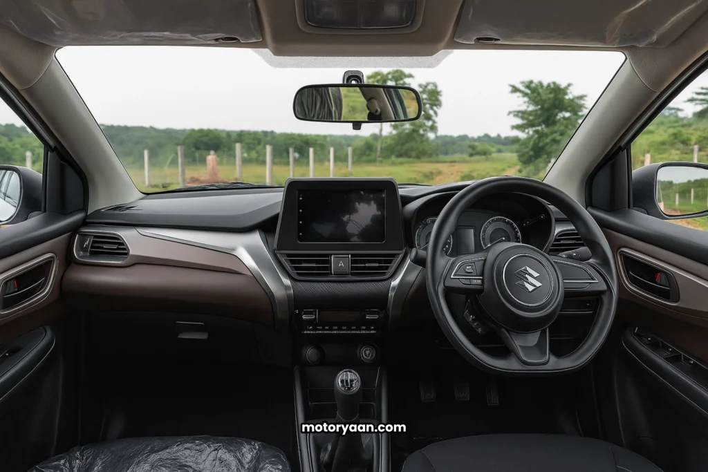 Fronx Delta Plus Variant front interior with infotainment system, instrument cluster, and steering controls