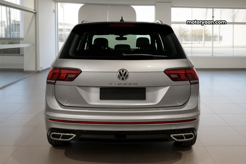 2025 Tiguan R-Line rear profile with sporty tail lamps.