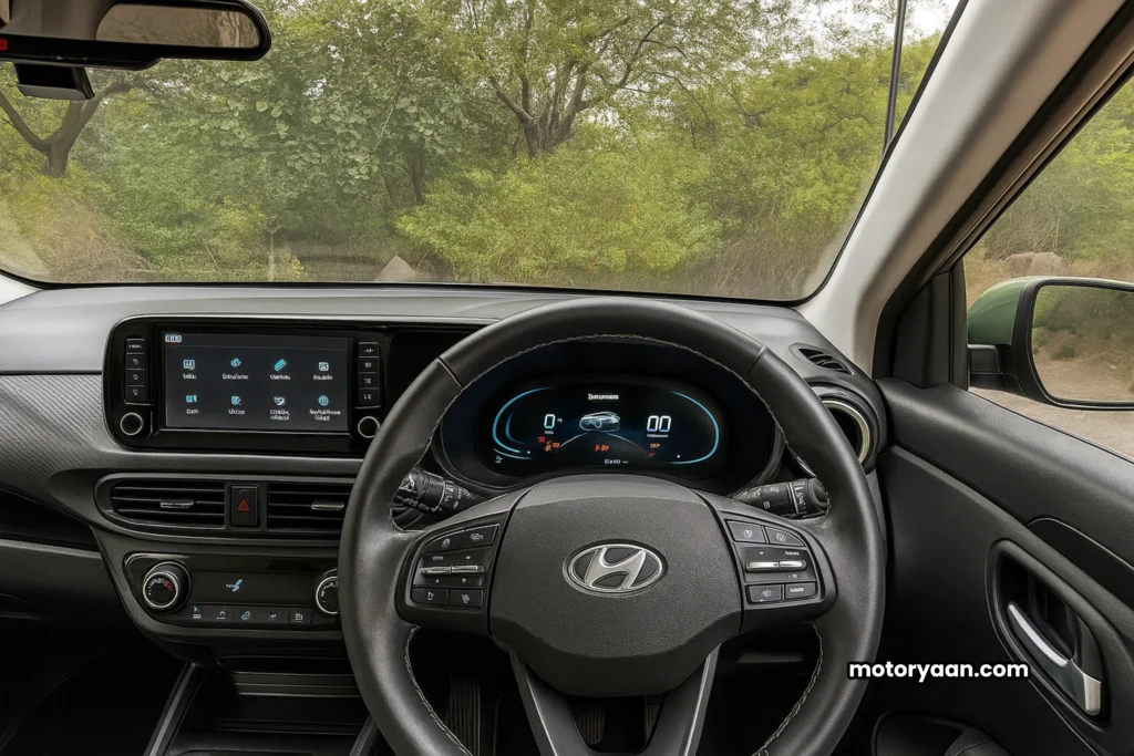 Hyundai Exter Pro Pack interior with steering wheel, dashboard, instrument cluster, infotainment, and AC controls